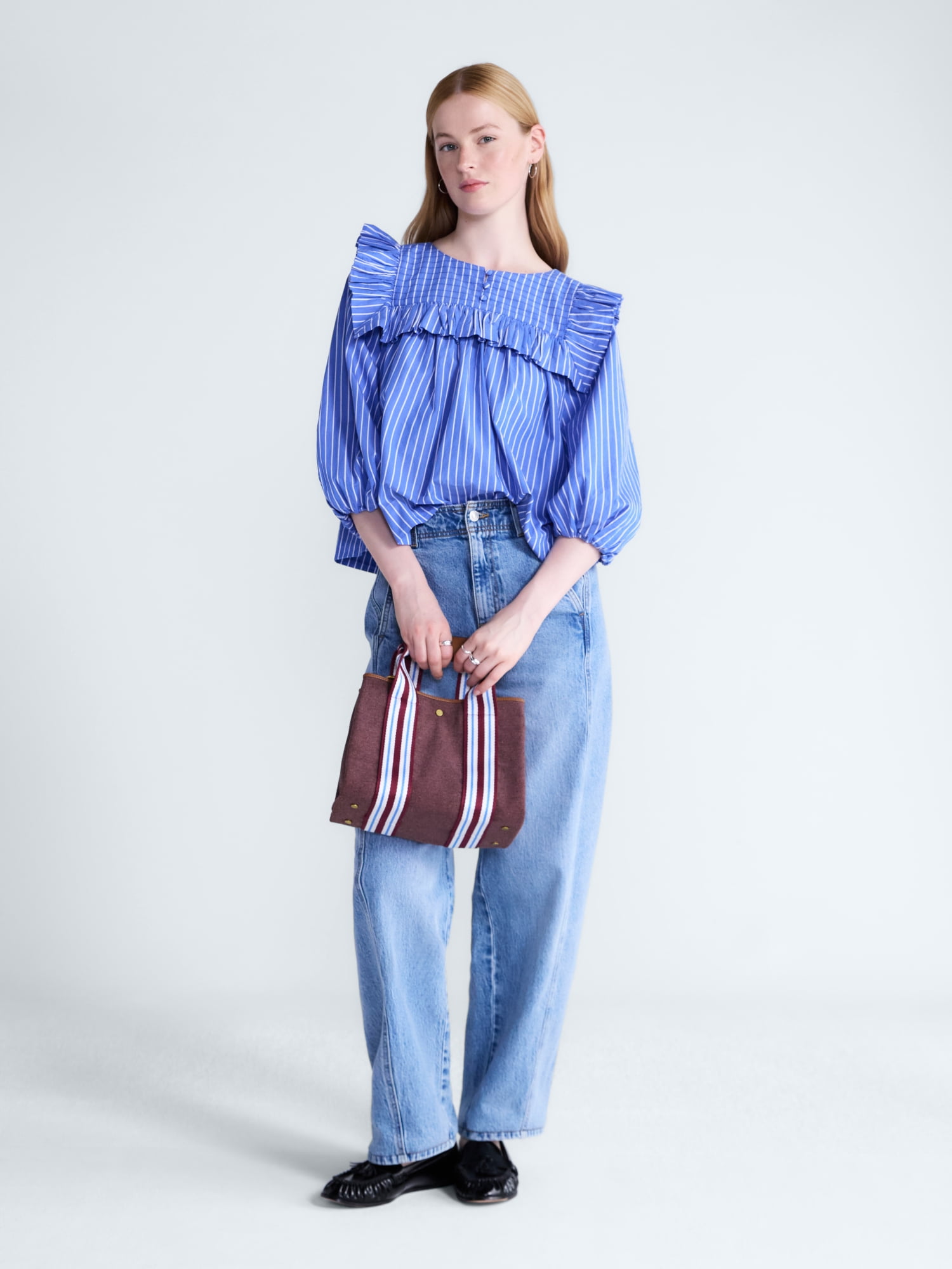 Free Assembly Women's and Women's Plus Ruffle Yoke Cotton Top with Puff Sleeves, Sizes XS-4X