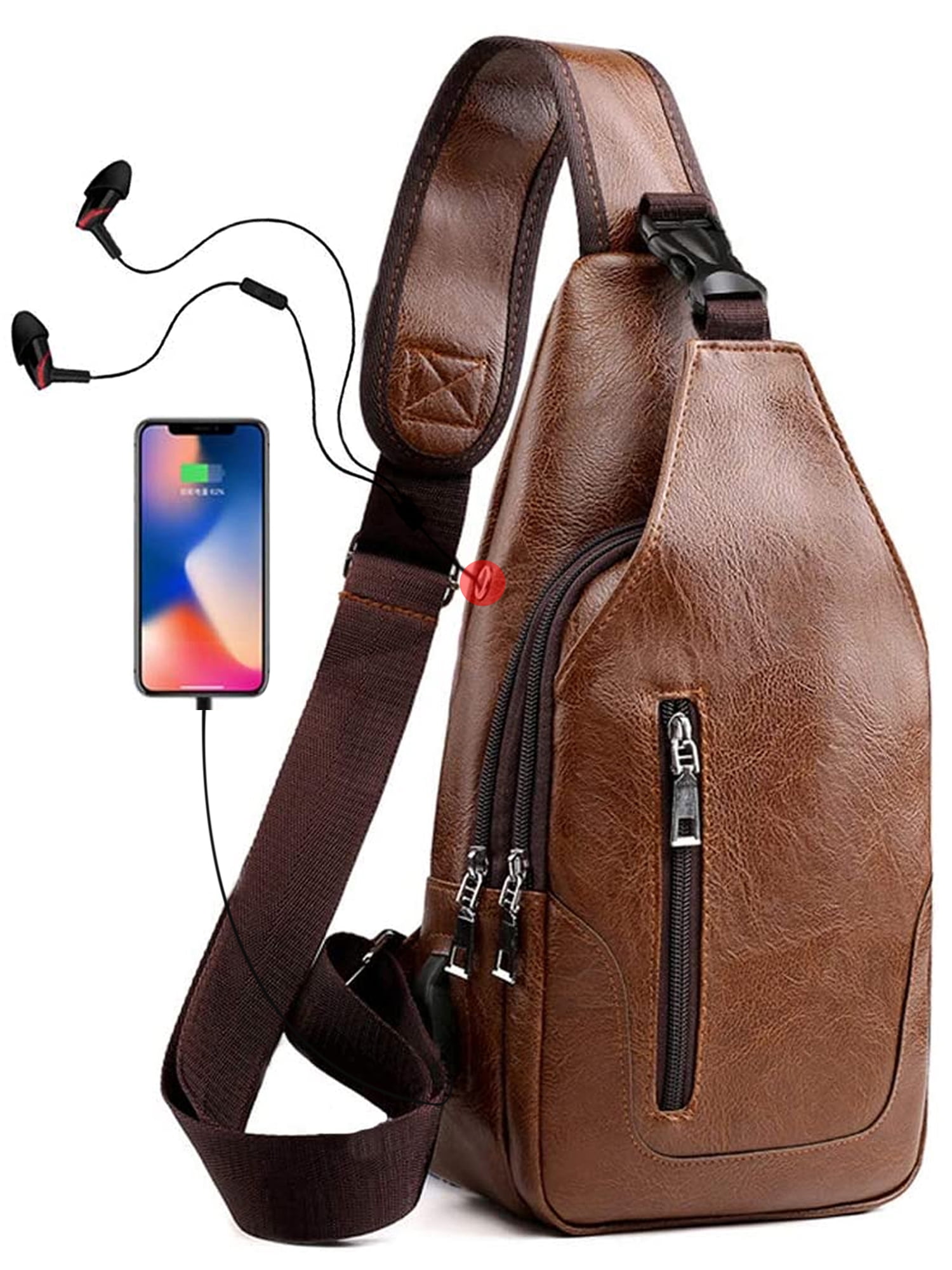 Men's Leather Shoulder Pack Zip Chest Bag USB Charging Sports Crossbody Handbag 