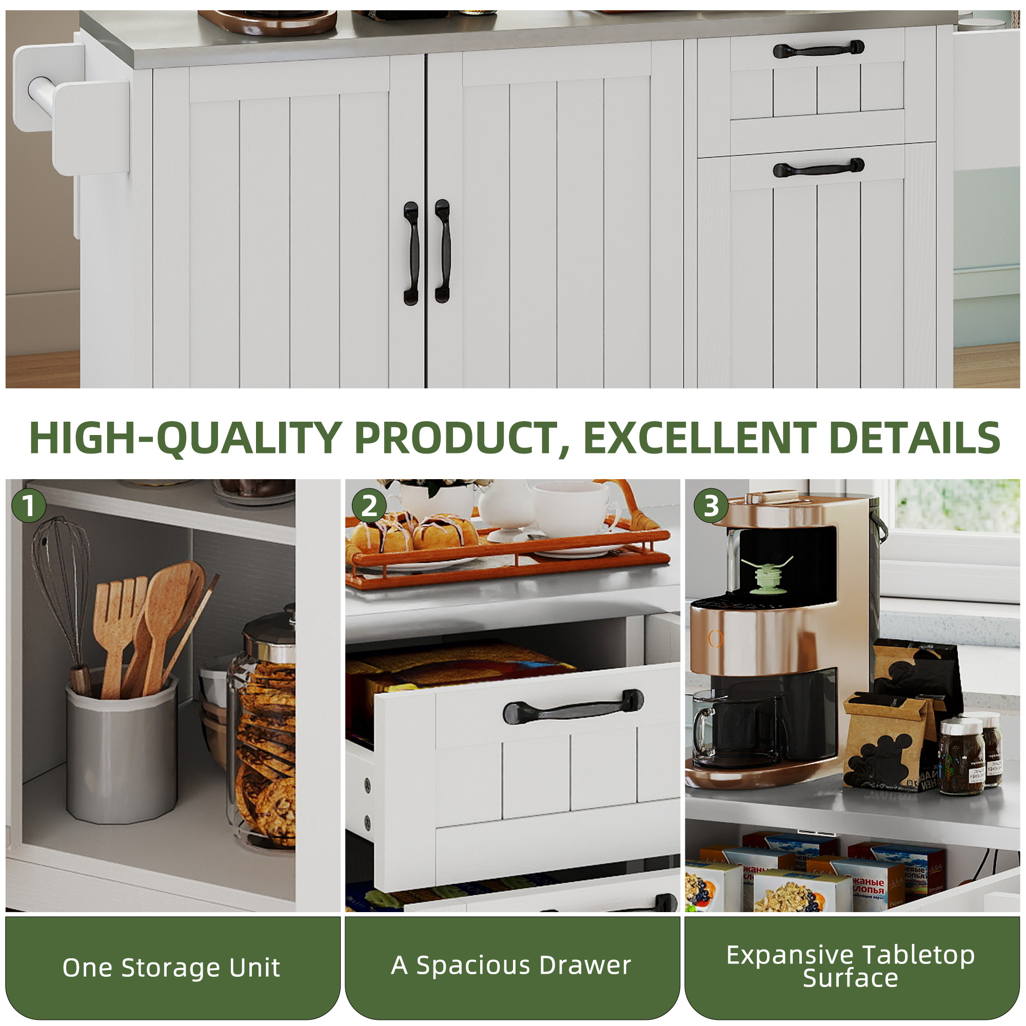 Uforic Kitchen Island Table with Stainless Steel top & Storage, Kitchen Island with Drop Leaf, White