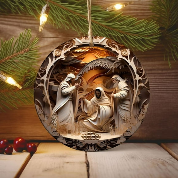Ornamento Navideño Católico, Árbol de Navidad, Figura de Belén, Adornos para Hogar, Doble Capa de Cristal, Metal y Madera, para Salón