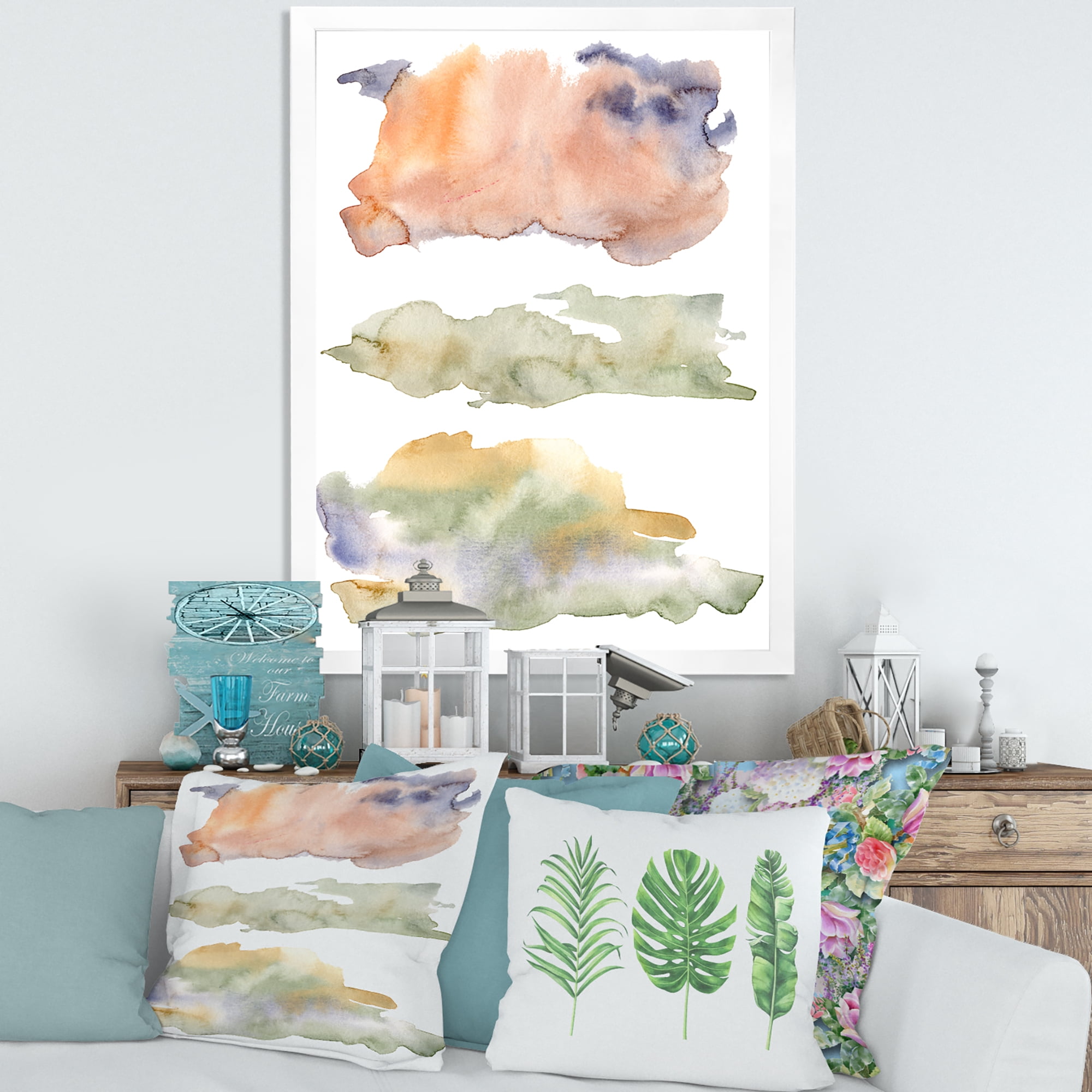 Designart 'Abstract Orange Blue and Beige Green Clouds' Modern Framed Art Print