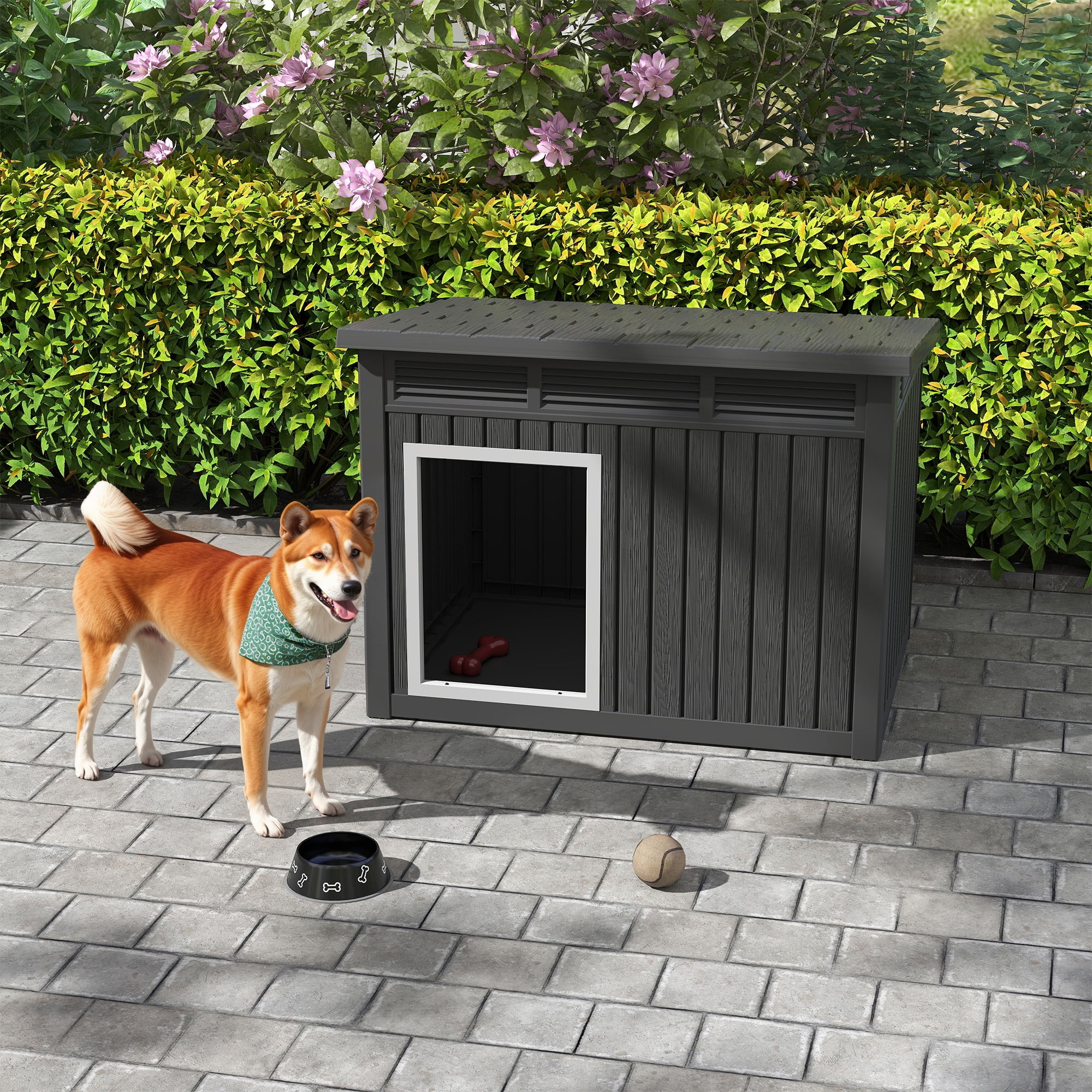 Bifanuo Waterproof Dog House, Indoor Outdoor Kennel with Ventilated Design & Sloping Roof for Medium to Large Dogs, Easy to Clean Design Pet Shelter，PP Material, Black,42.8" L x 33" W x 31.5" H