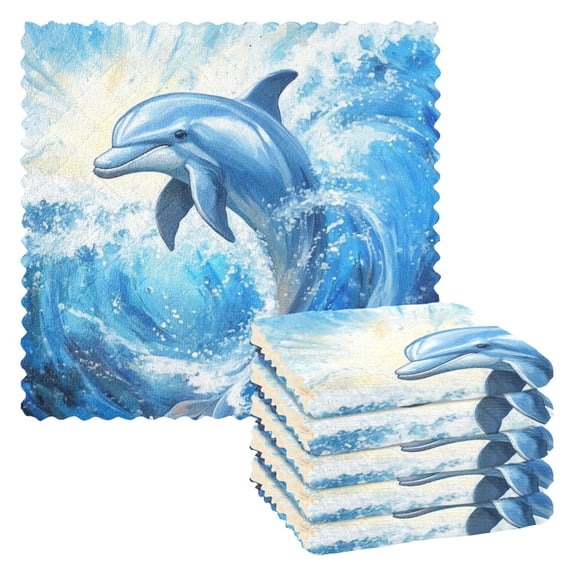 6 Pieces of Kitchen Towels 11x11Inch Kitchen Dish Cloths Kitchen Dish Towels Reuseable Cleaning Cloths Blue Beautiful Dolphin