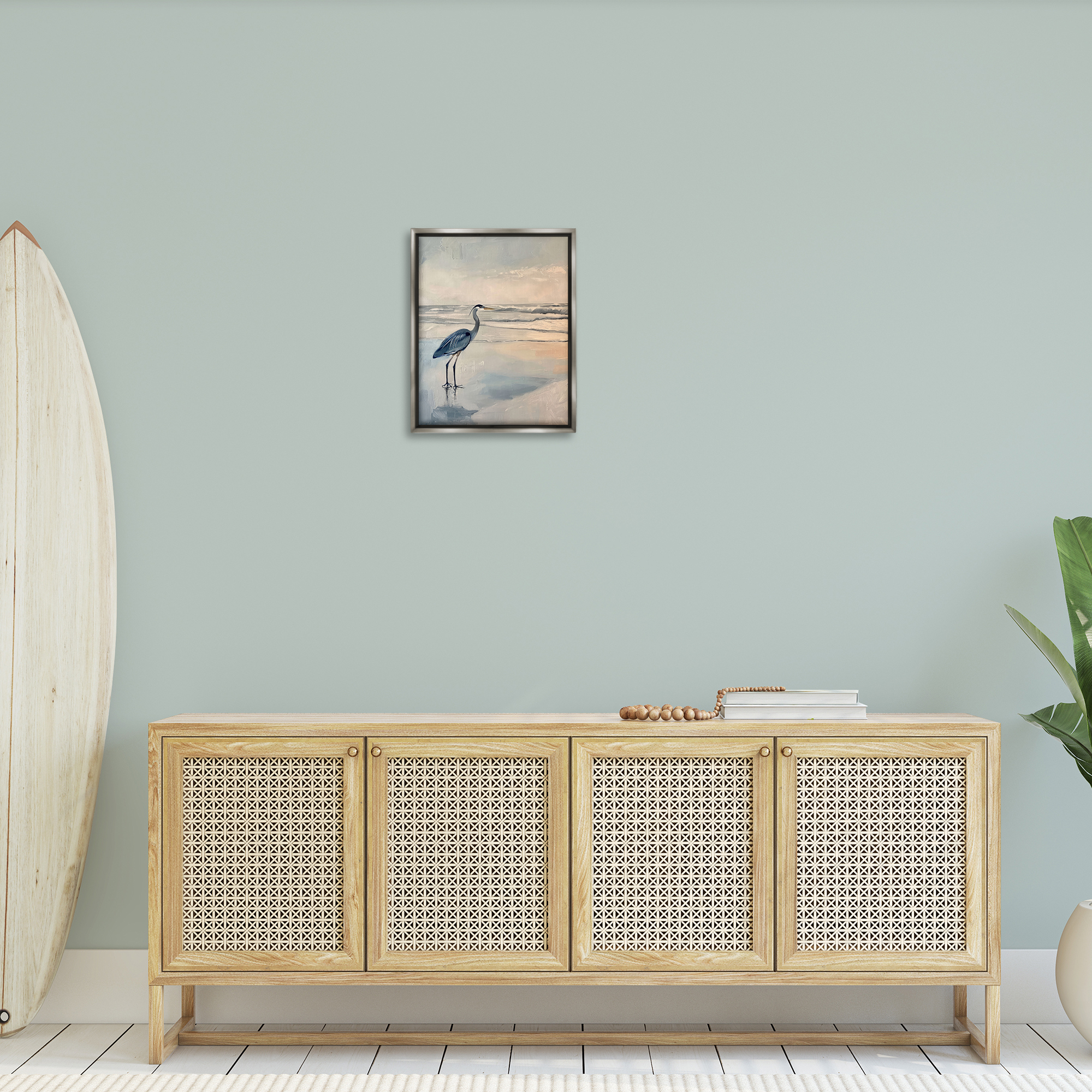 Stupell Industries Heron on Classic Coast Nautical & Beach Painting Gray Floater Framed Canvas Art Print Wall Art, 17 x 21