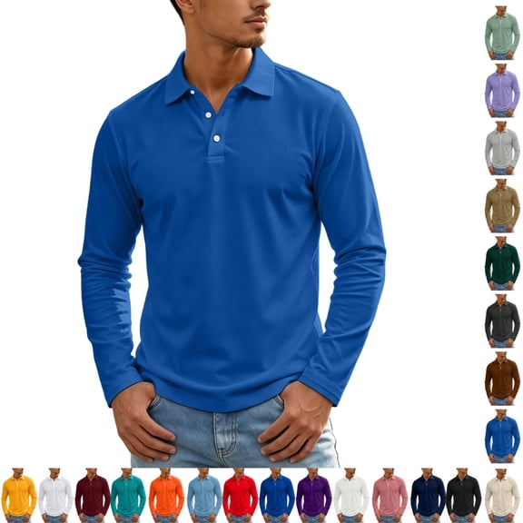 LTTVQM Long Sleeve Polo Shirt for Men Classic Breathable Solid Collared Top Button Front Golf Casual Outdoor Work Shirt Blue L