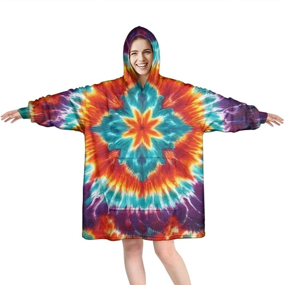 Colorful Tie Dye Pattern Wearable Oversized Blanket,Wearable Blanket Hoodie for Adults,Cozy Hooded Blankets with Super Pockets,Super Warm Fuzzy Pullover for Women & Men