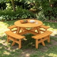 thumbnail image 3 of GZXS 8 Person Outdoor Circular Round Wooden Picnic Table with Built-in Benches for Patio Backyard Garden with Umbrella Hole (Natural), 3 of 12