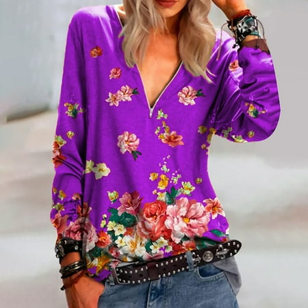 

WOXINDA Women s Casual LLong Sleeves Printing Positioning Zipper V-Neck Long Sleeves