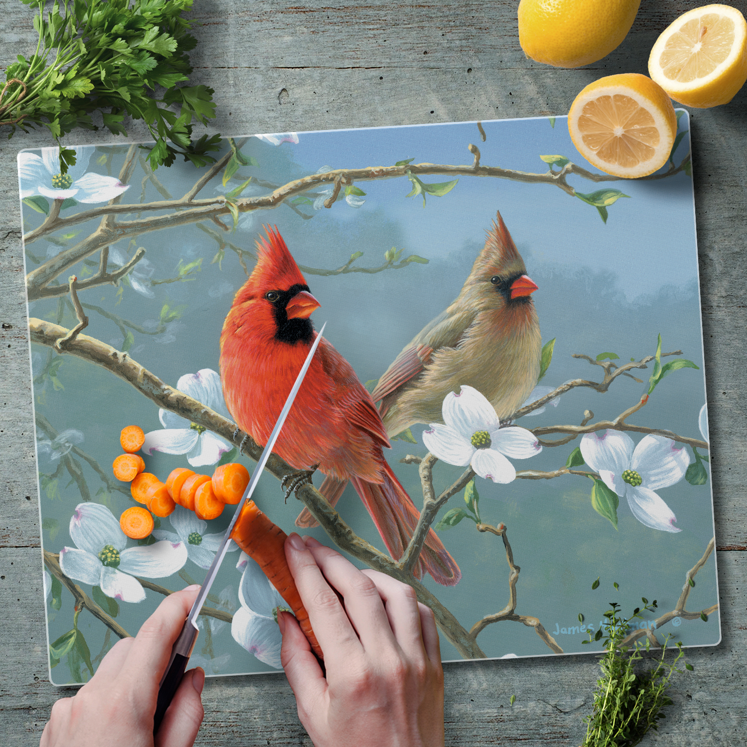 CounterArt "Beautiful Cardinal" 3mm Heat Tolerant Glass Cutting Board 15" by 12"
