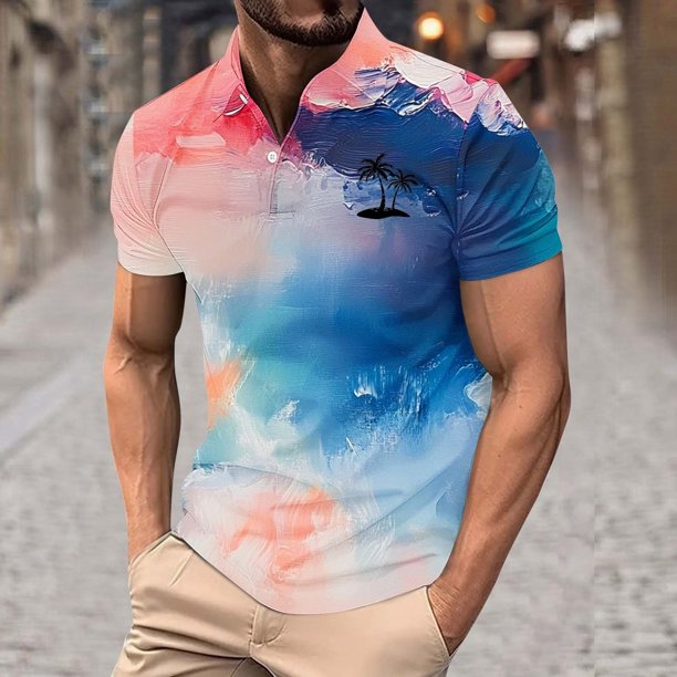 Blusa y camisa de manga corta con cuello vuelto para hombre, blusa de manga larga con solapa y botones estampados, blusa de poliéster para hombre