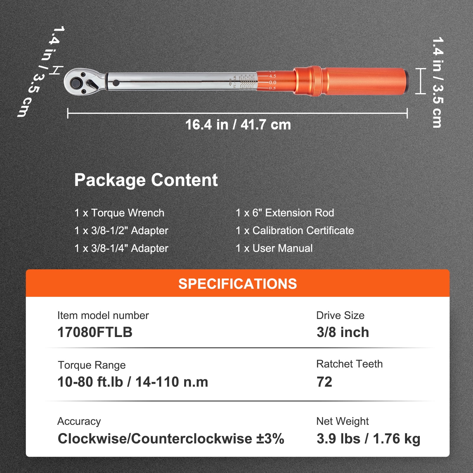 KFFKFF Torque Wrench, 3/8-inch Drive Click Mechanism, Adjustable 10-80ft.lb/14-110n.m, Two-Way Torque Wrench Set, Mechanical Dual Range Scales, Comes with Adapters and Extension Rod