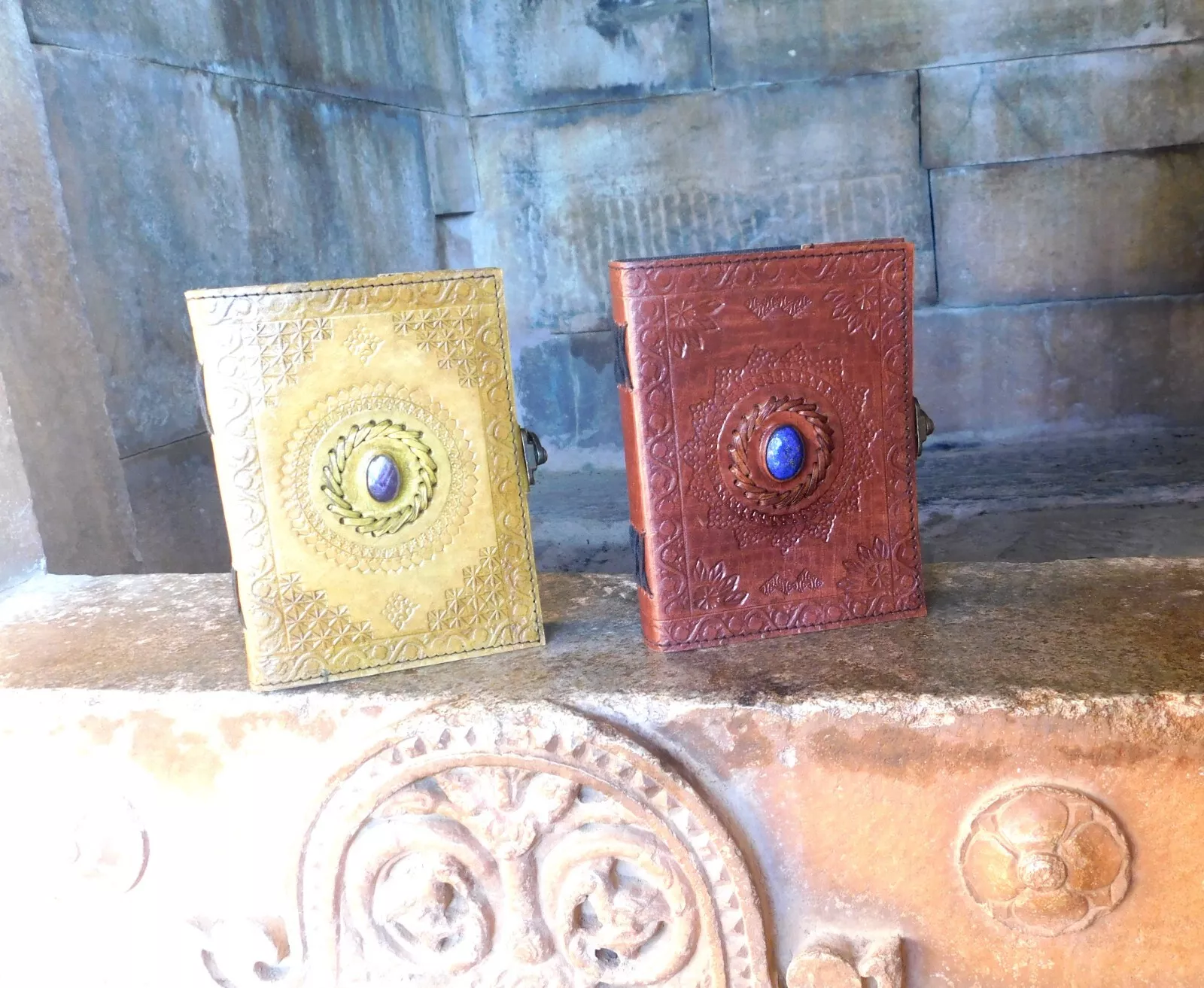 Handcrafted Embossed Design Vintage Leather Bound Journal Healing Stone Grimoire Diary Blank Notebook For Men & Women (Pack of 2)