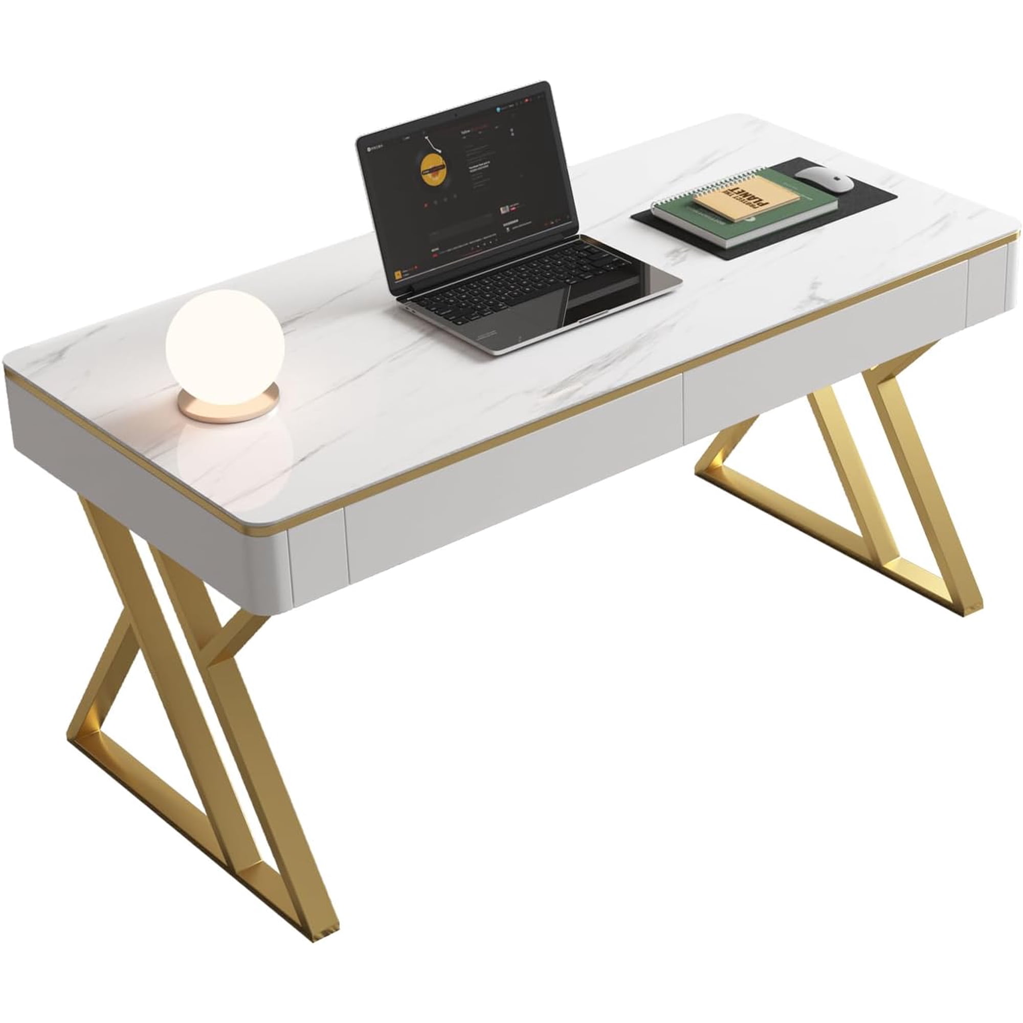Modern Office Computer Desk with Tempered Glass Top & Marble Pattern White Wooden Gaming Desk with Drawers Thick Lacquered Writing Desk for Home Office Bedroom and Living Room (Z-104)