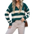thumbnail image 3 of Women'S V Neck Striped Sweater Long Sleeve Oversized Fashion Knitted Pullover Fall Sweaters Tops Dark Green M, 3 of 9
