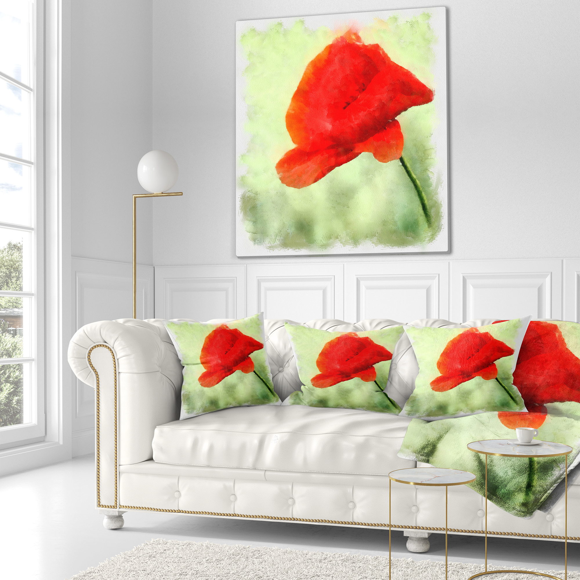 Designart Big Red Poppy Flower Watercolor - Floral Throw Pillow - 16x16