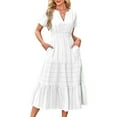 thumbnail image 2 of Womens Summer Casual Midi Maxi Dresses Light-Weight Short Sleeve V Neck Elastic Waist Boho Beach Dress Pockets White S, 2 of 8