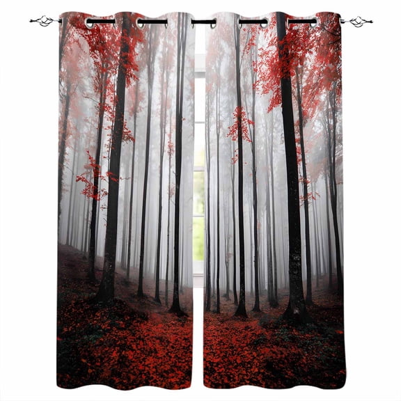 Fsddascl Red Forest Blackout Curtains for Bedroom/Living Room, Thermal Insulated Kitchen Curtains, Vintage Foggy Woods Tree Mysterious Grommet Darkening Window Treatment Drapes 42"x63"x2