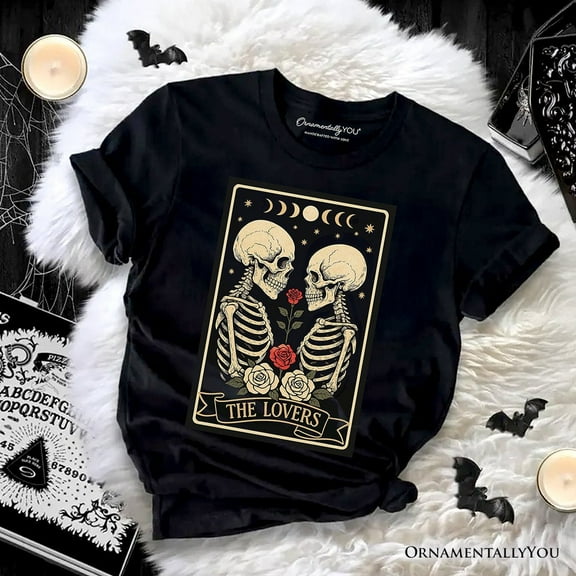Skeleton The Lovers T-Shirt, Tarot Card Gothic Moon Phases Rose Tee