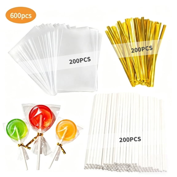 RYLZX 600Pcs Lollipop Stick, 6IN Cake Pop Sticks with Clear Treat Bags & Gold Twist Ties, Cake Pops Making Tools for Lollipops, Candies, Chocolates Cookies
