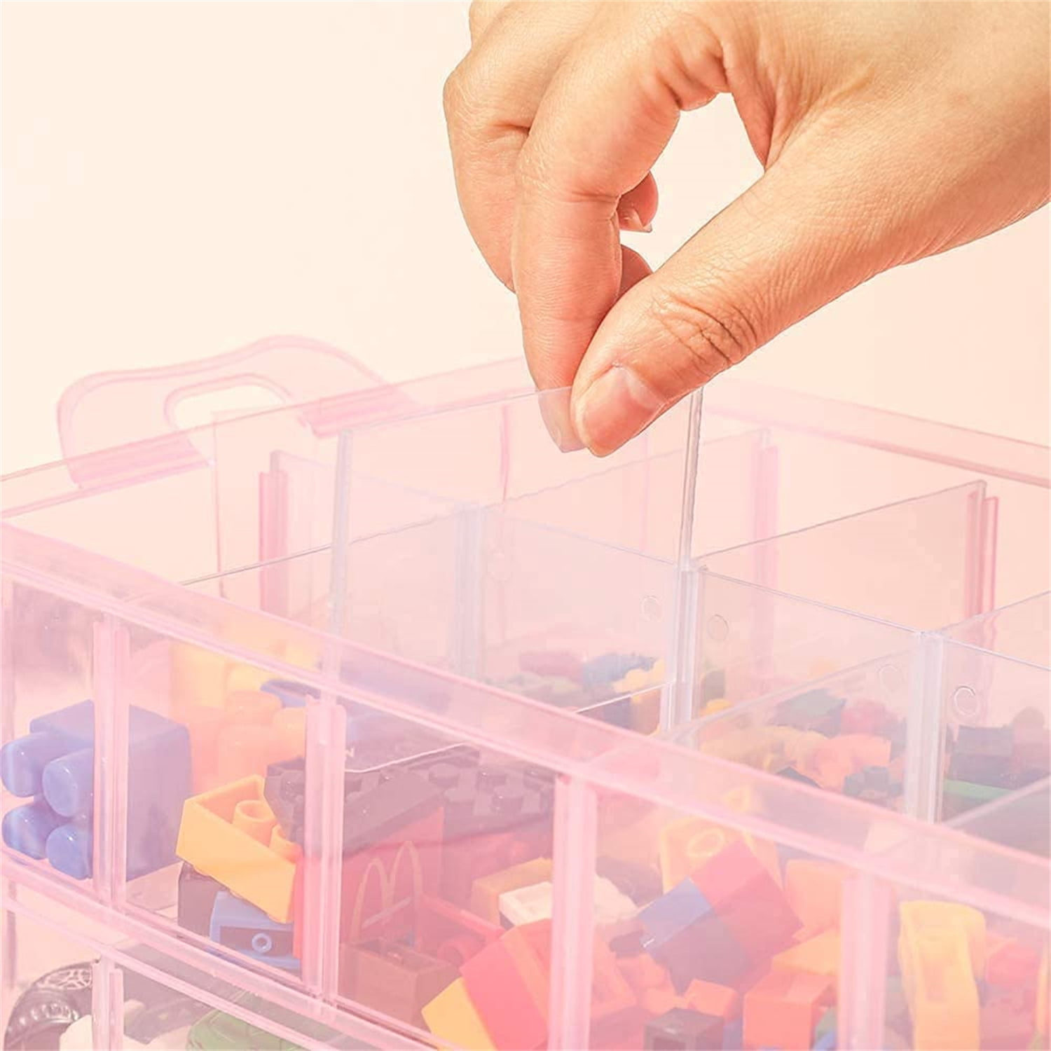 Casewin 3-Tier Transparent Stackable Adjustable Compartment Slot Plastic Craft Storage Box Organizer Snap-Lock Tray Container with 30 Compartment Pink