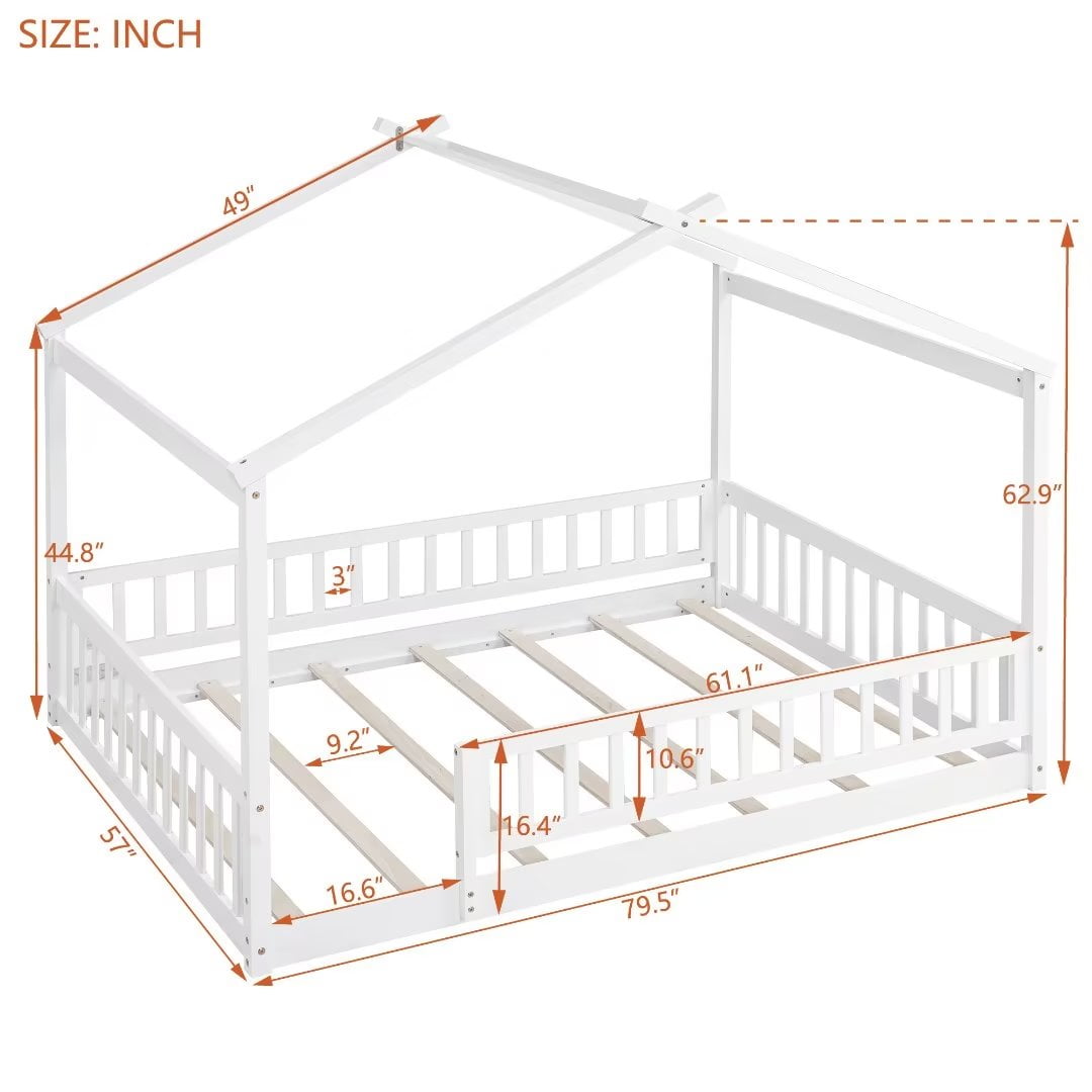 Full Size Montessori Bed for Kids, Wood Floor Bed Frame, House Bed Frame with Fence & Roof, Solid Wood Playhouse Bed for Girls Boys Teens, White