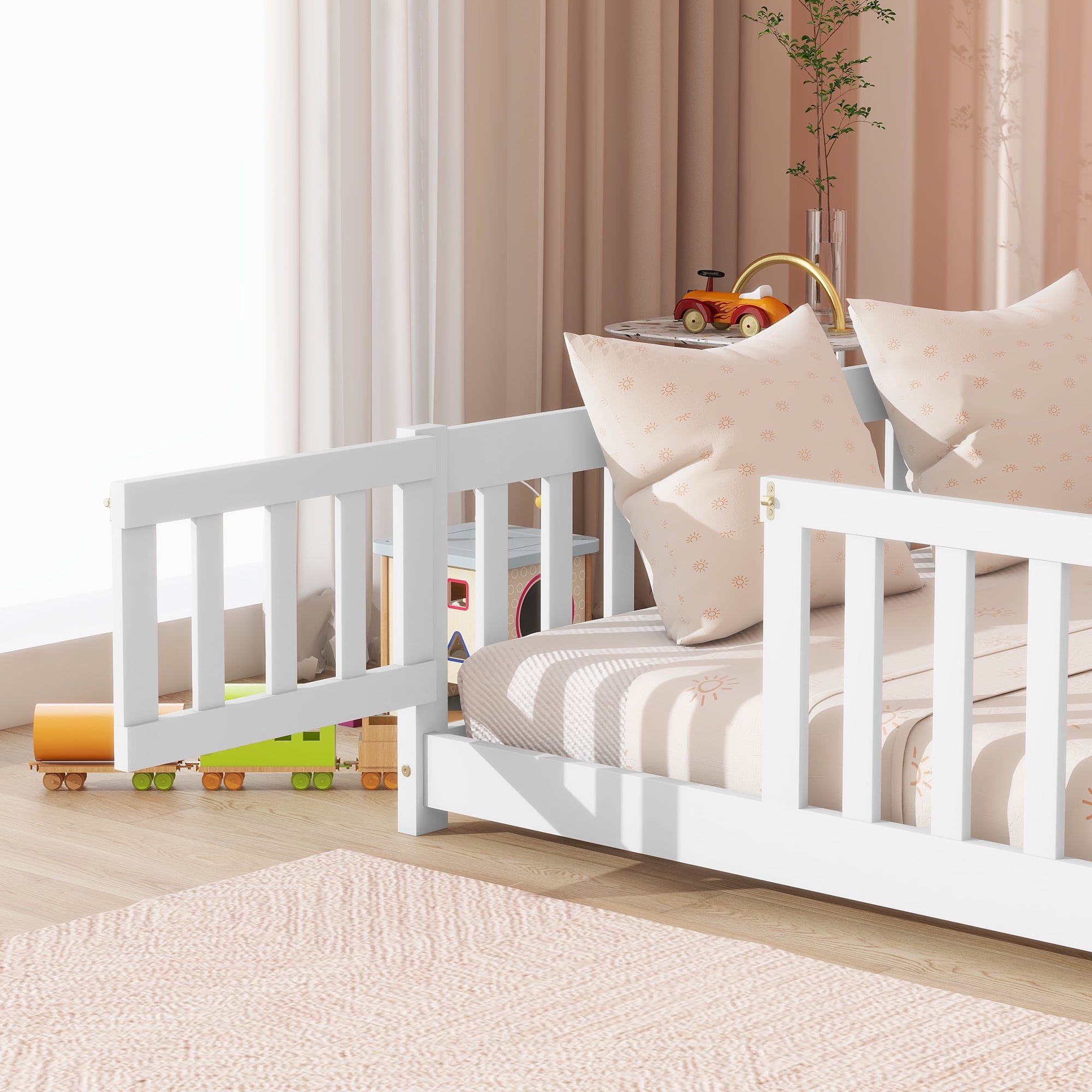 Miniyam Full Size Floor Bed with Guardrails and Door for Kids, White