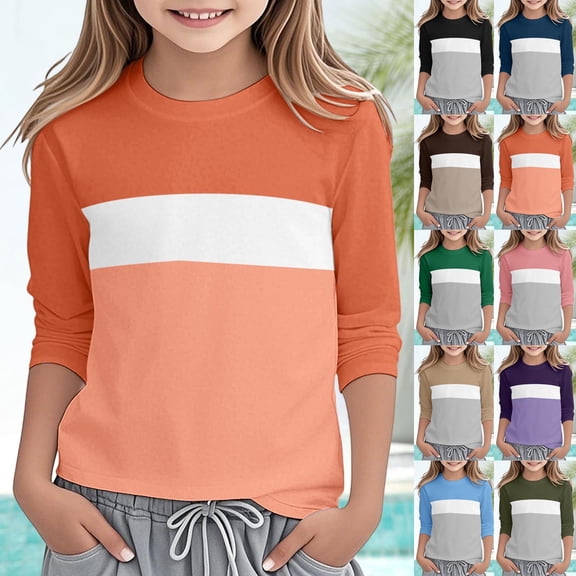 HAOTAGS Girls School Uniform T - shirt, Round Neck Comfortable 3/4 Sleeve Pullover Tees Orange 4-5 Years