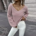 thumbnail image 2 of TFEOQRY Pullover Sweater for Women Fashion Solid Color Loose Knitwear Long Sleeved V-Neck Sweater Top Pink, 2 of 6