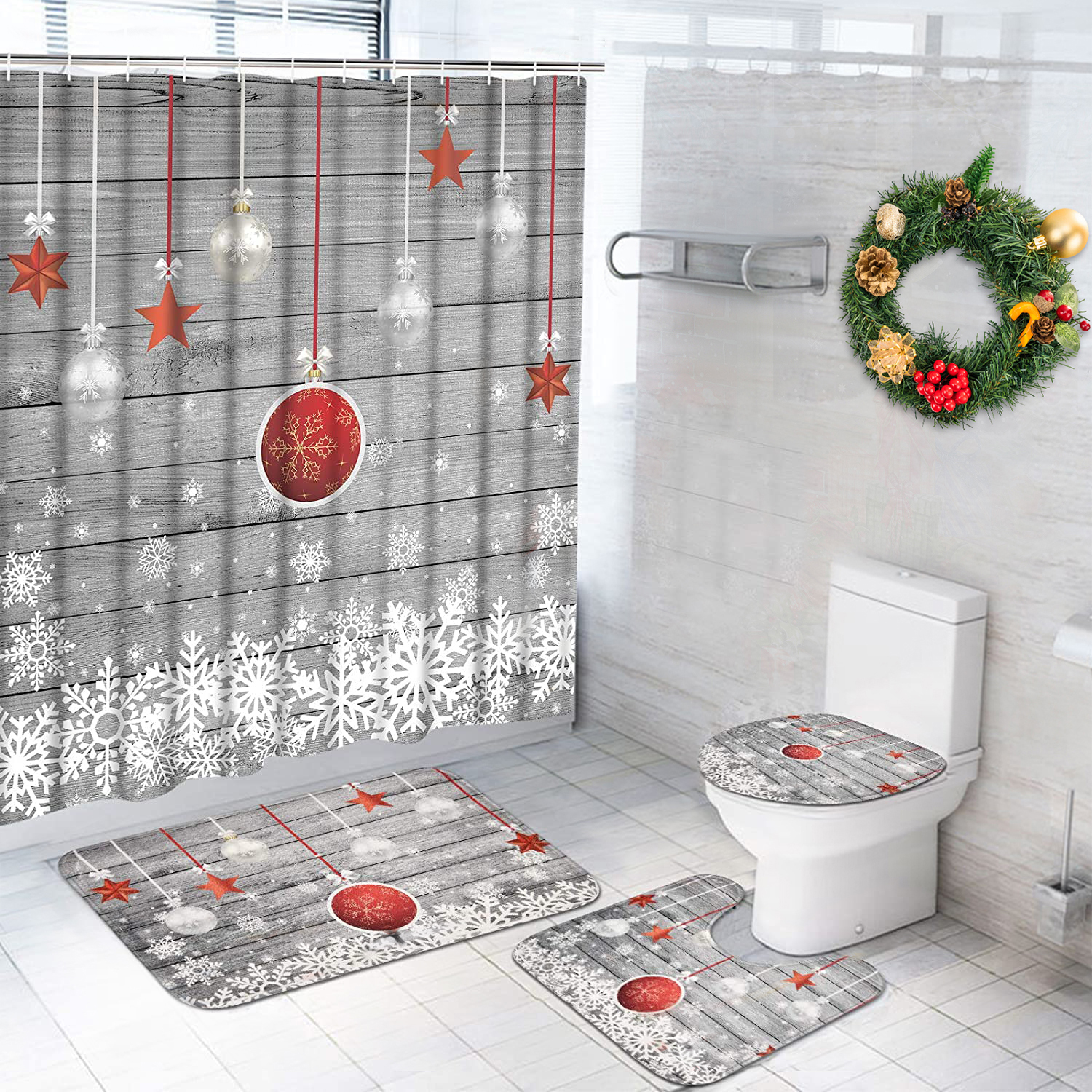 FRAMICS Christmas Shower Curtain Sets with Rugs, Xmas Snowflake Stars Bathroom Sets, Silver Gray Vintage Waterproof Fabric Shower Curtain with 12 Hooks and Toilet Rugs