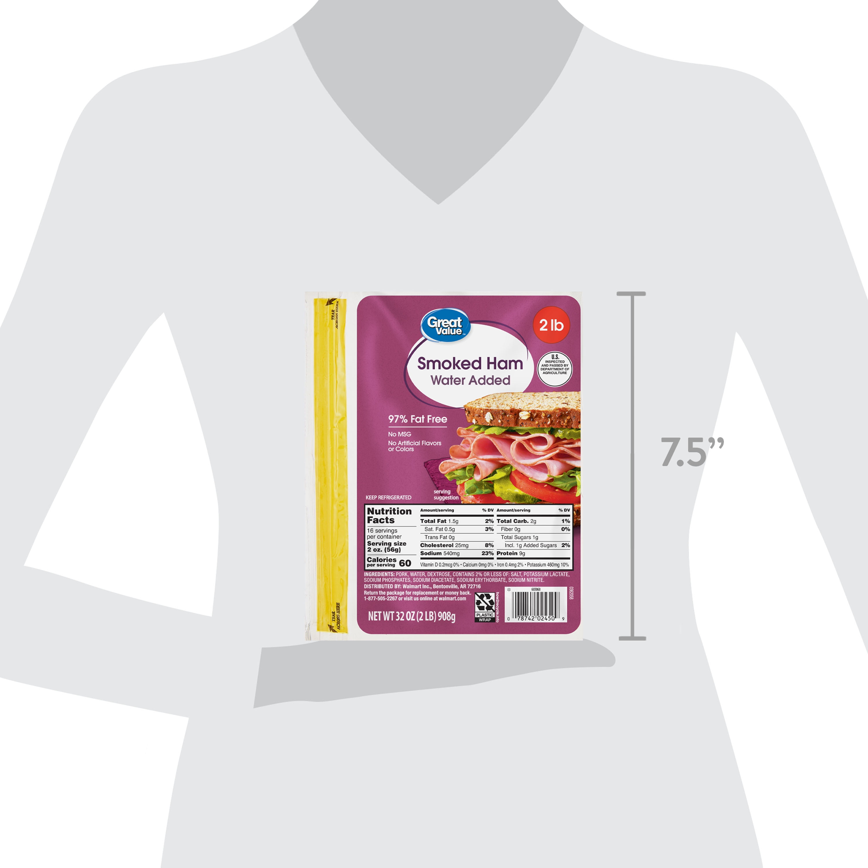 Great Value 97% Fat Free, Sliced Smoked Ham, 32 oz, Plastic Pouch