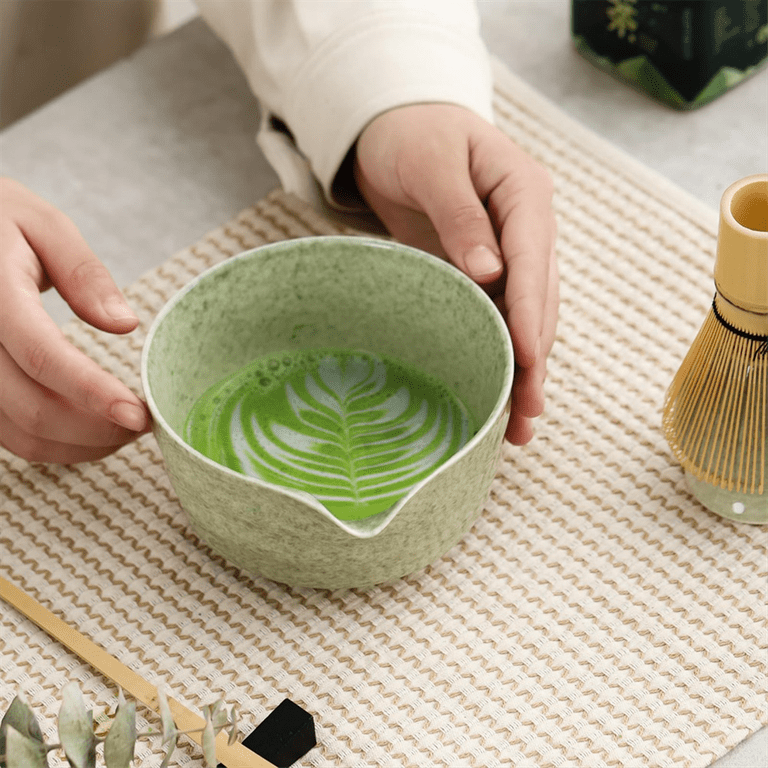 Green Ceramc Matcha Bowl Set Wth Spout Bamboo Whsk And Chasen Holder