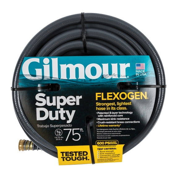 Gilmour Heavy-Duty Garden Hose, 5/8" x 75', 600 PSI, 8-Layer Construction, Kink-Resistant Design with Brass Couplings