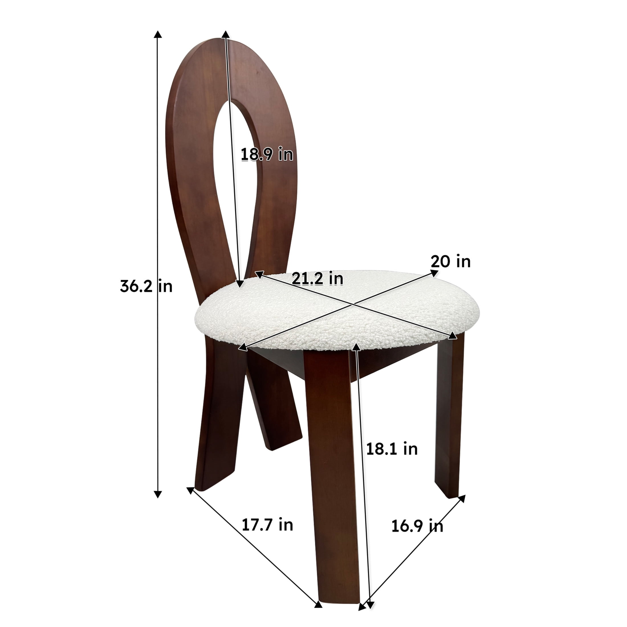 Noble House Set of 2 Dining Chairs with Ribbon-Cross Backrest, White Teddy Velvet Upholstered Cushions, Brown