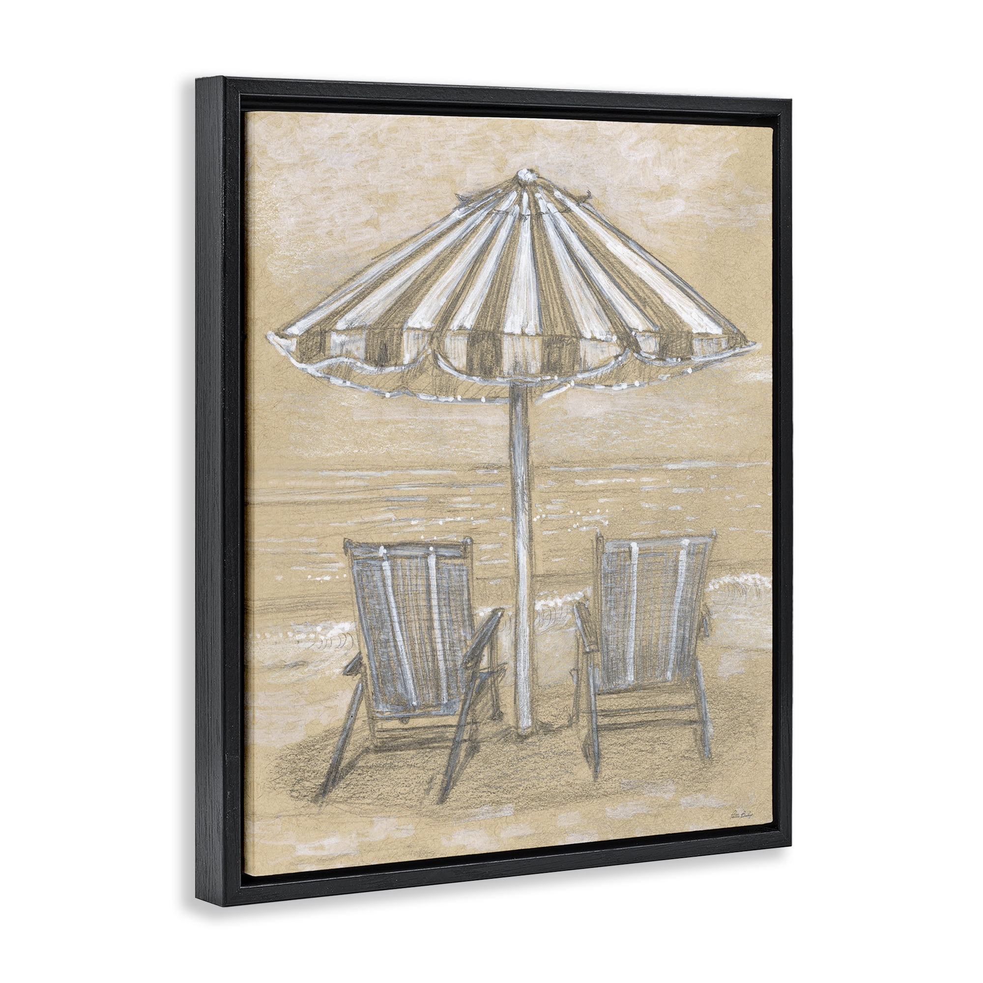 Stupell Industries Umbrella & Chairs Drawing Black Framed Floater Canvas Wall Art, design by Patti Bishop