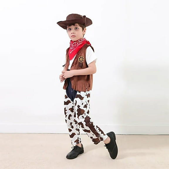 TFEOQRY Toddler Boys Girls 4 Pieces Cowboy Outfits Children's Christmas Top   Pants   Hat   Scarf Set Brown