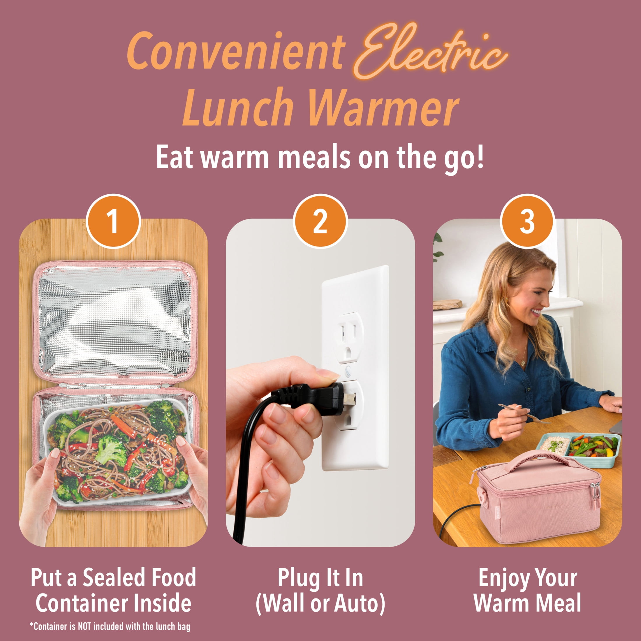 Bentgo Heat - Electric Lunch Bag & Food Warmer for Reheating Meals in Car, at Work & More - Heated Lunch Box Warmer for Adults, Students & Shift Workers, 12V/24V Auto & 120V Wall Cords (Blush)