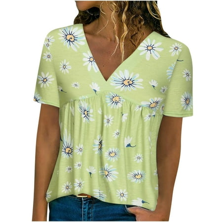

Crop Tops for Women Tunic Tops Women Fashion Casual Pleated Print V Neck Loose Short Sleeve T-shirt Top Blouse Pullover Womens Workout Tops Black Shirts for Women Clearance Green S