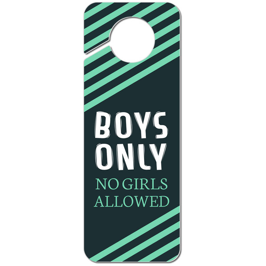 Boys Only No Girls Allowed Teal Stripes Plastic Door Knob Hanger Sign