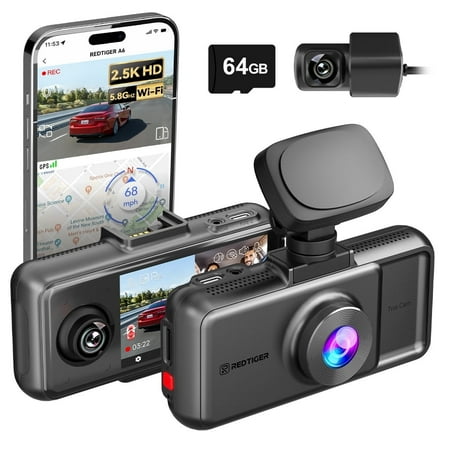REDTIGER A6 Dash Cam Front and Rear 4K/2.5K+1080P 5.8G WiFi & GPS dashcam 3 Channel dash Cam with 64GB Card 2.5K+1080P+1080P Dash Camera for Car Super Night Vision Loop Recording Parking Mode