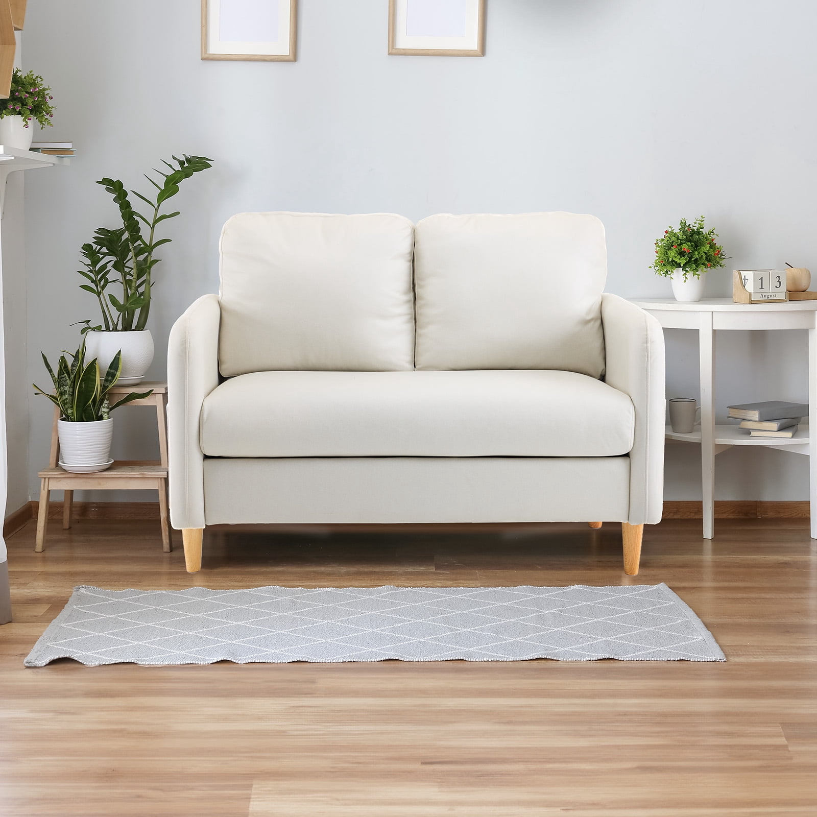 Ktaxon Loveseat Sofa with Side Bags 47" 2-Seat Small Couch with Wood Legs for Living Room Bed Room Beige Faux Leather