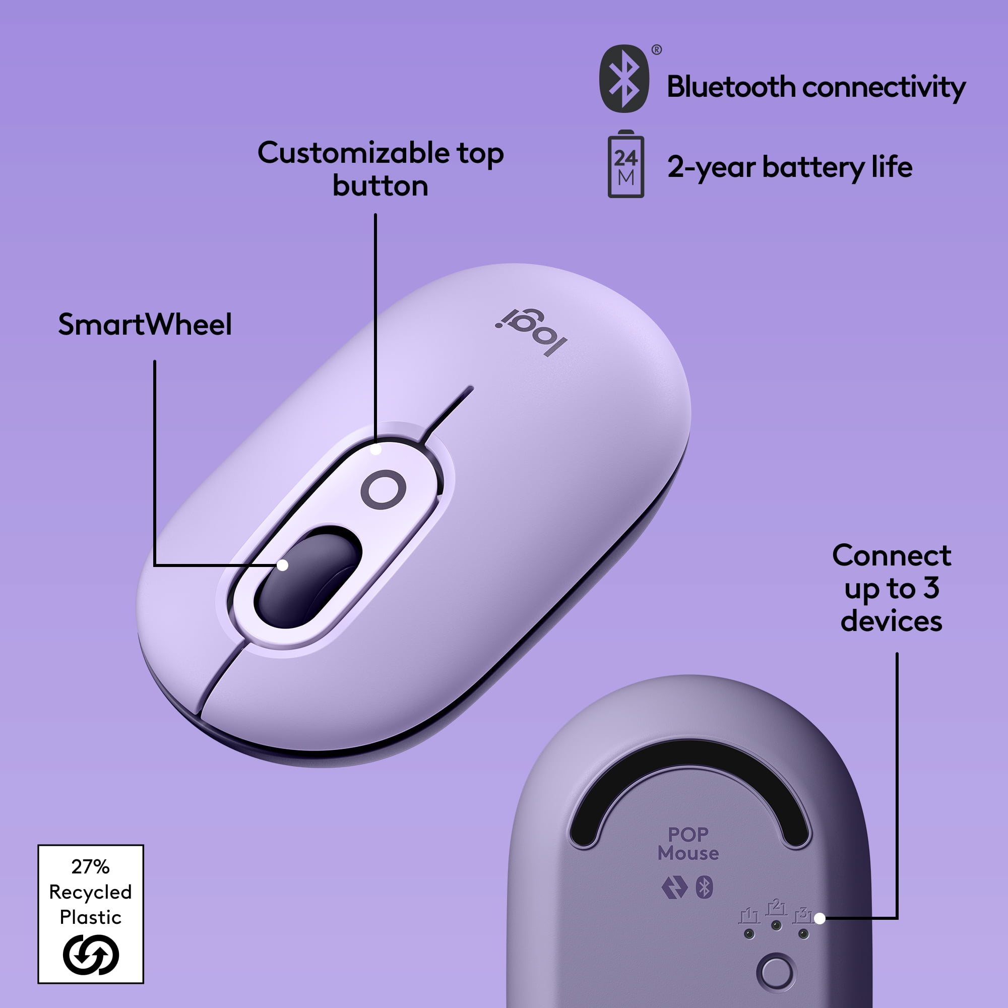 Logitech POP Mouse,  Wireless Mouse with Customizable Emojis, SilentTouch Technology, Bluetooth, Cosmos