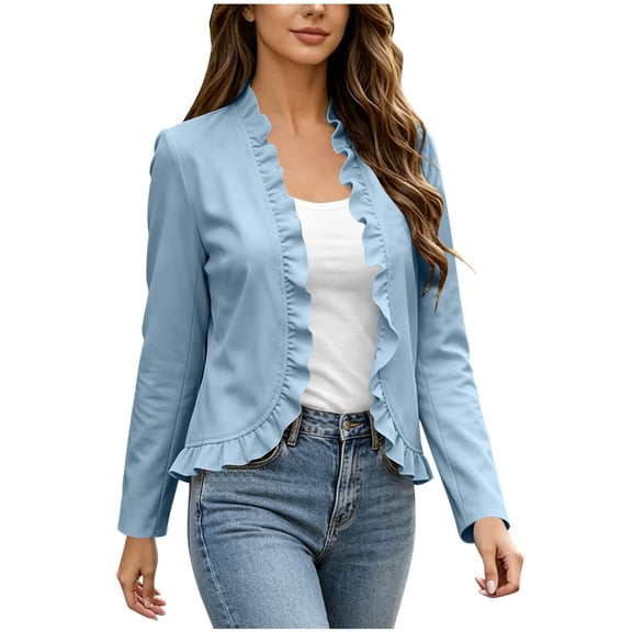 Qingpeng Womens Ruffle Trim Open Front Short Blazer Jacket Long Sleeve Solid Lightweight Casual Office Cropped Cardigan Tops