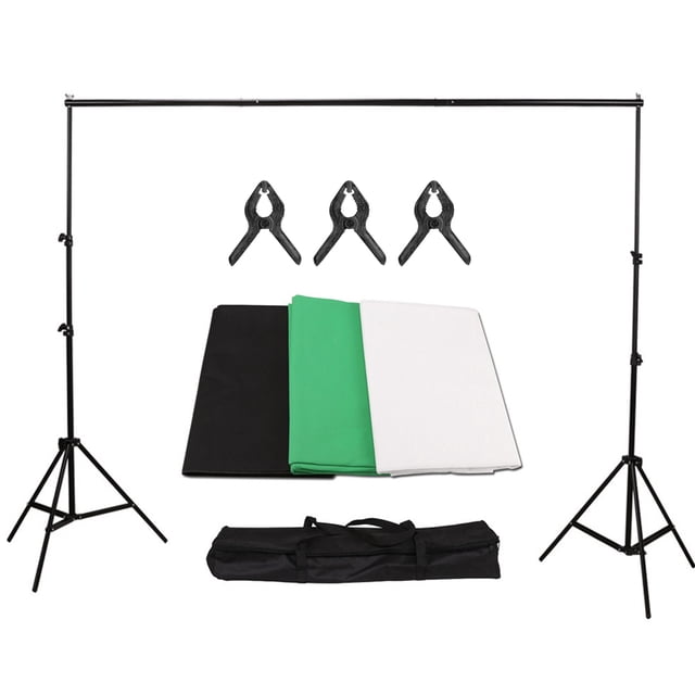 Kit de fondo para fotografía de estudio con soporte metálico de 2 * 3m/6.6 * 10ft + 3 piezas de fondos de 1.6 * 3m/5.2 * 10ft (negro/blanco/verde) + 3 piezas de pinzas para fondo + bolsa de
