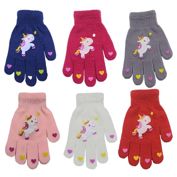 QKURT Gants d'Hiver Tricotés pour Enfants Unicorn - Gants Magiques Extensibles à Doigts Complets et Chauds pour Garçons et Filles, Unisexe, 4-9 Ans, 6 Paires