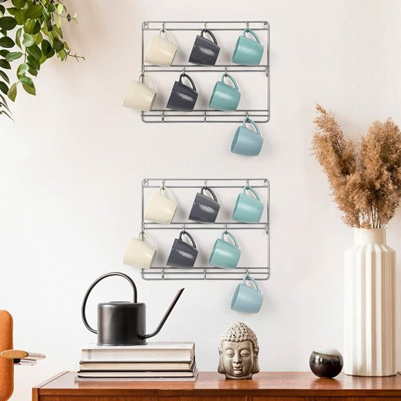 Wall Mounted Coffee Mug Rack Metal Holder Cup Hanger Organizer, 2 Pack