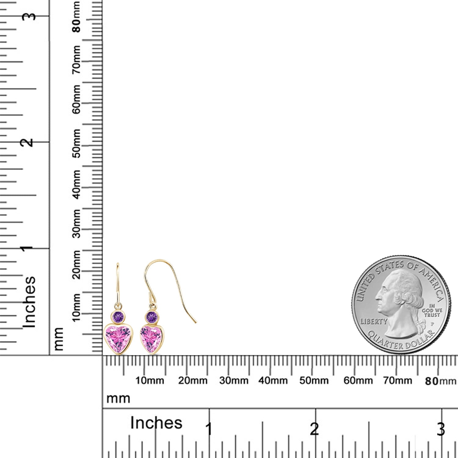 Gem Stone King 14K Yellow Gold Pink Zirconia and Purple Amethyst French Wire Dangle Hook Earrings for Women (1.68 Cttw, Gemstone Birthstone, Heart 6MM, Round 3MM)