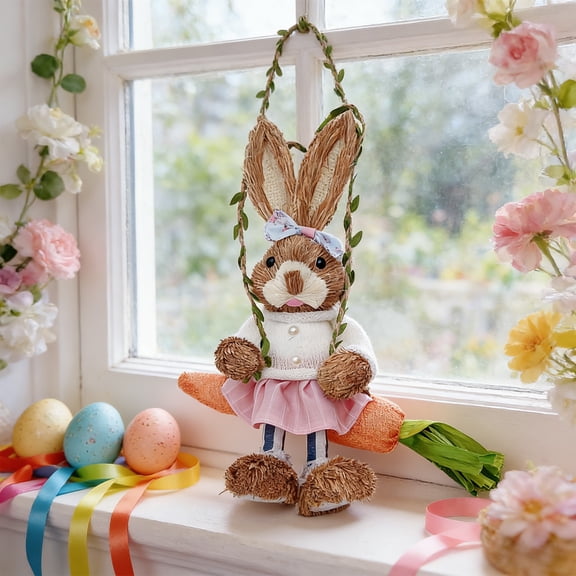 CuiLiyq Easter Decorations, Spring Hanging Easter Bunny Figurine on Carrot Swing, Cute Farmhouse Decorative Woven Straw Rabbit Statue for Home Indoor Outdoor Craft Adornment Decor (L)