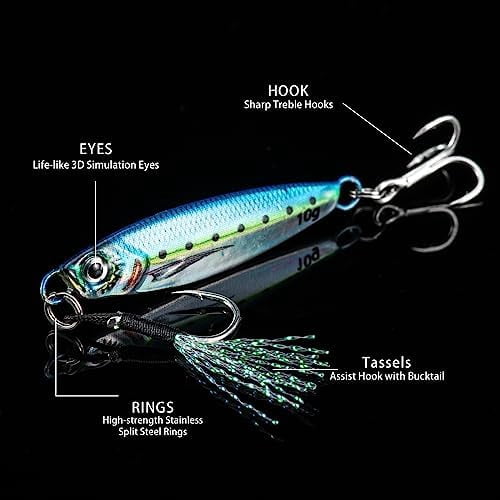 Jointown Fishing Jigs, Lead Vertical Jig Saltwater, Jig Fishing Lures with Assist Hook and Treble Hook, 7g-80g Fishing Jigging Spoon Lures for Tuna,Salmon,Sailfish,StripedBass,Grouper Snapper,Kin