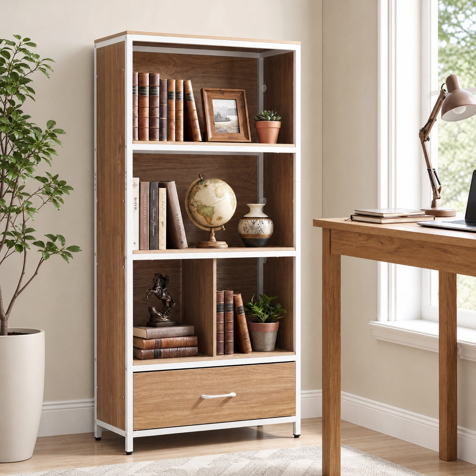 Furnibear 56" Tall Freestanding Bookcase with Drawer 5 Tier for Living Room Home Office Bedroom Display Storage Shelf, Natural