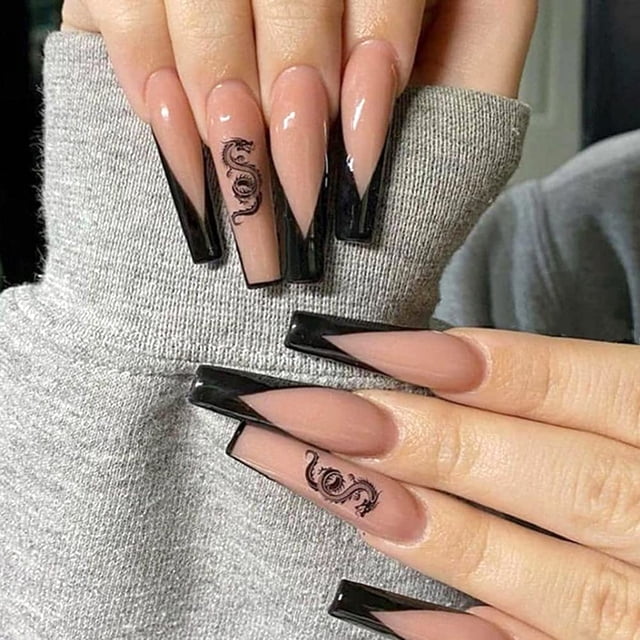 24 piezas de uñas postizas largas, estilo ballet, cambio gradual, uñas acrílicas tipo ataúd, uñas postizas rosas, uñas acrílicas brillantes, diseño chino, uñas postizas para graduación, uñas TaiChi